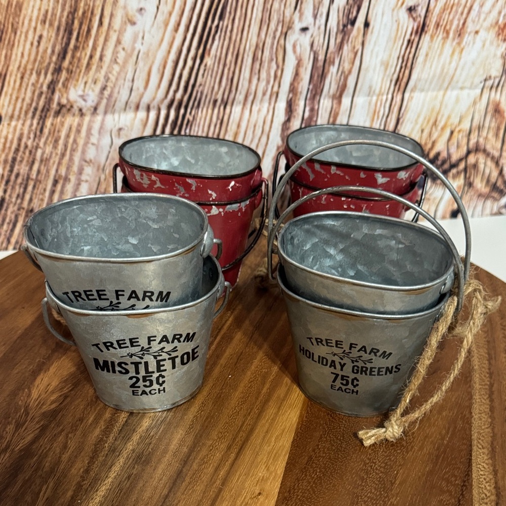 Tree Farm Holiday Ornament Buckets - Red and Silver - set of eight